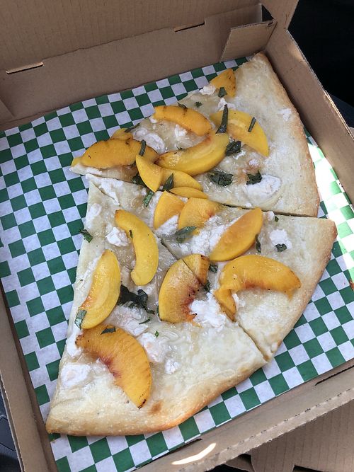 Slightly disappointing peaches and cream pizza  at Jane's Pizzeria in Fountain Valley