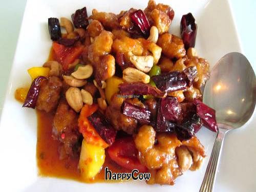 chicken with cashew nuts (the deep fried 'chicken'was pretty inedible)
 at Loving Hut - Bang Kholaem in Bangkok