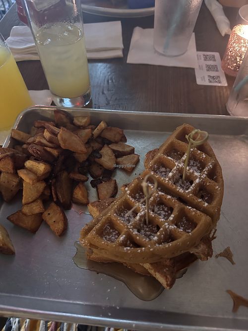 Vegan Chickn and waffles with a side of home fries  at Kreggers At Hand in Richmond
