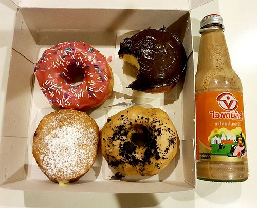 With a Vitamilk from 7-eleven at The Donut Cafe in Chiang Mai