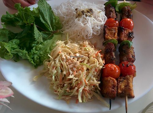 Vegetable tofu brochette at Loving Hut in Paris