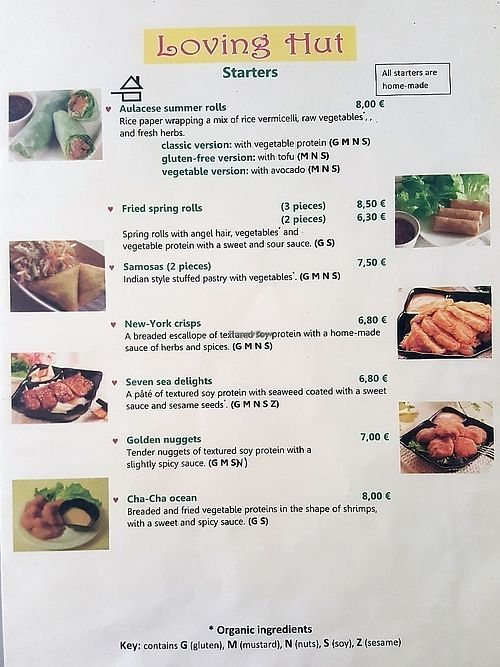 Menu at Loving Hut in Paris