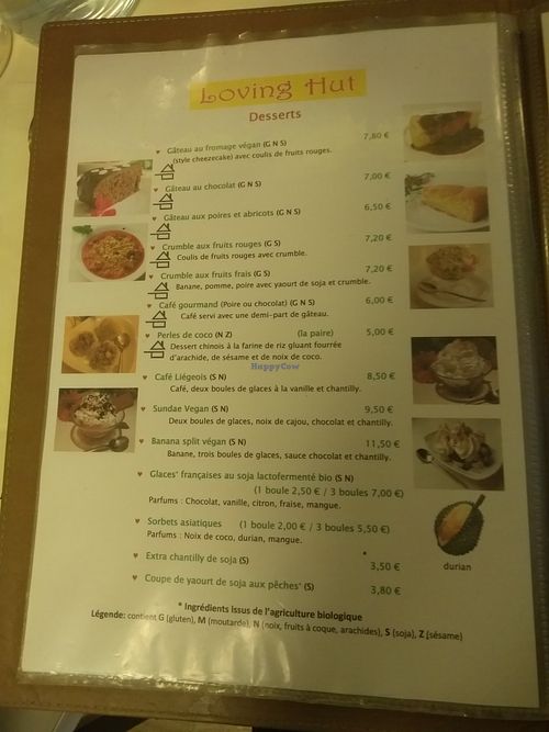 Menu at Loving Hut in Paris