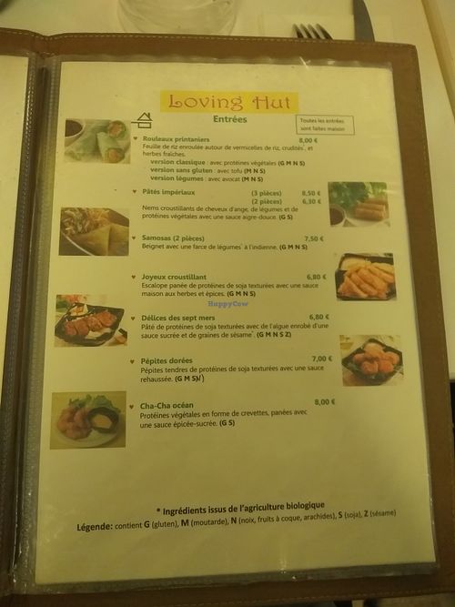 Menu at Loving Hut in Paris
