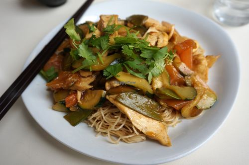Vegetables w/noodles at Loving Hut in Paris