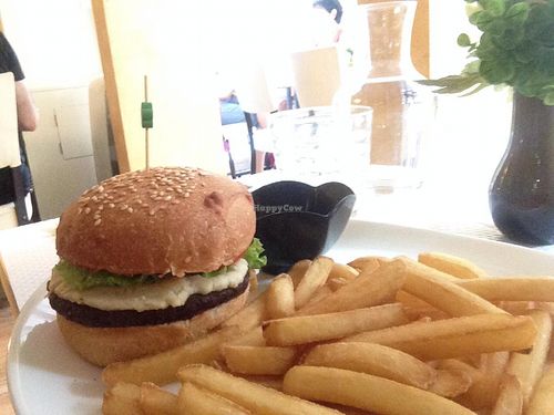 Loving burger with cheese at Loving Hut in Paris