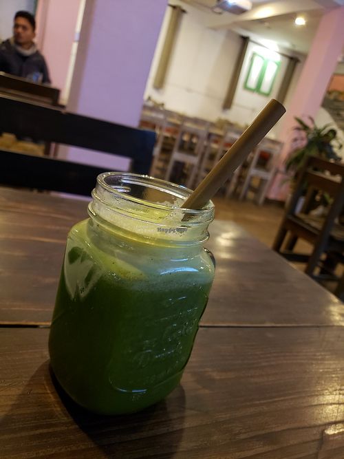 green juice with ginger at Little Windows in Pokhara