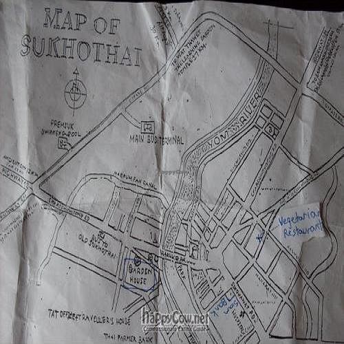 Map provided by Garden House showing the location of 'Jay Jay' - Sukhothai's only veg restaurant.  at Jay Jay in Sukhothai