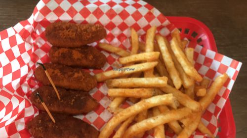 Ultra Spicy vegan tenders, fries at 24 Hot Chicken & Waffle Bar in Studio City