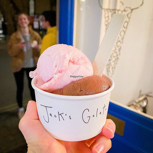 dark chocolate and sea salt ice cream with raspberry and elderflower sorbet!! at Jack's Gelato in Cambridge