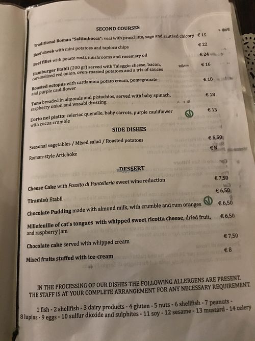 english menu at Etabli in Rome