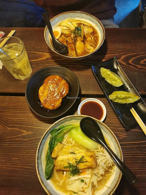 Vegan pumpkin croquettes and gyoza, also vegan ramen at the bottom of the pic at Ramen X Ramen in Berlin