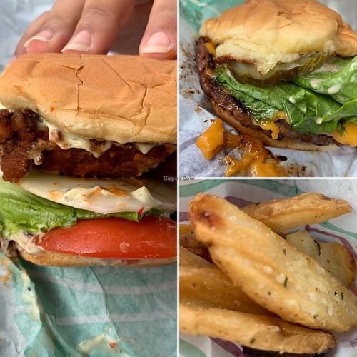 Spicy chick’un, burger, and fries  at PLNT Burger in Silver Spring