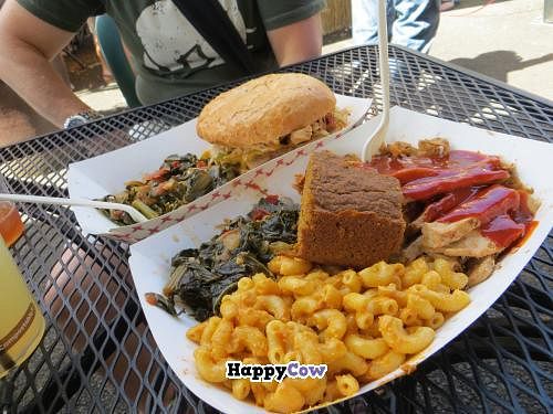 Best vegan mac and cheese ever!  With greens, unchicken sandwich, soy curls. at Homegrown Smoker Vegan Barbecue - Food Cart in Portland