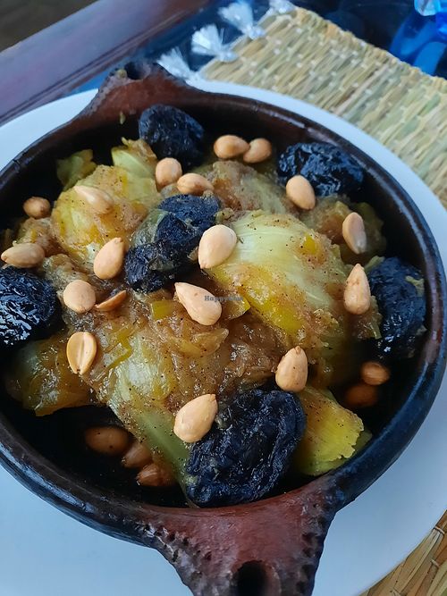 Sweet tagine with lots of fennel, prunes and roasted almonds. at Le Peroke Cafe in Fes