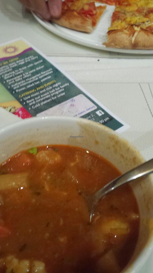 Vegetarian Goulash and Vegan Pizza.   at Napfényes Restaurant & Confectionery in Budapest