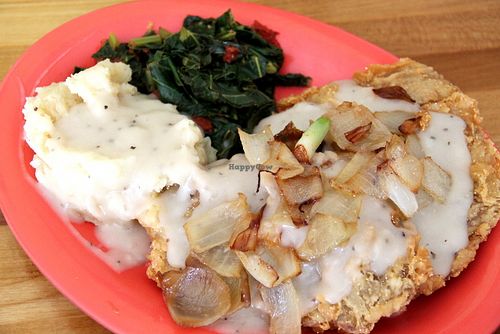 Mashed potatoes and a vegan steak.  at Souley Vegan in Oakland