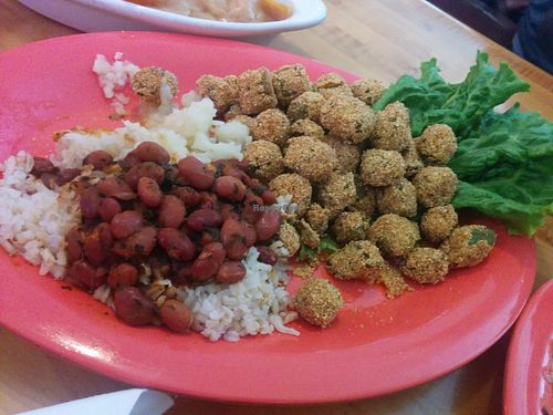 Red beans & rice, fried okra at Souley Vegan in Oakland