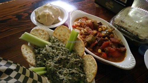 Gumbo, biscuits, and seaweed dip at Souley Vegan in Oakland