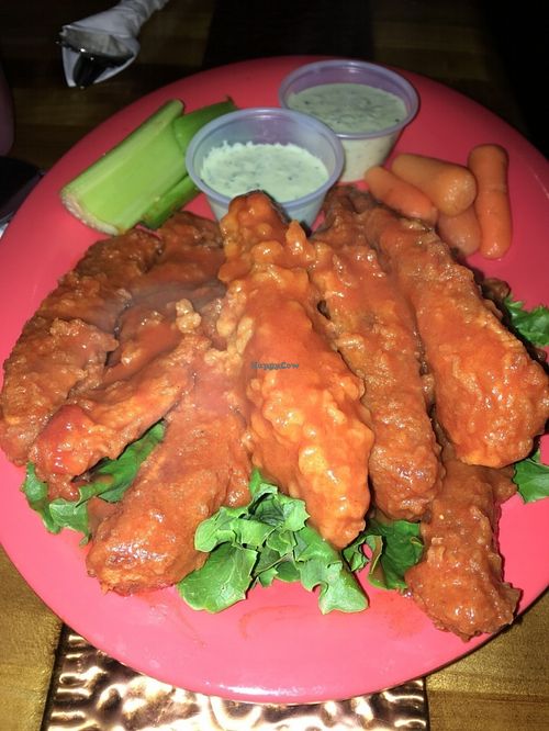 Buffalo wings (great sauce, horrible seitan) at Souley Vegan in Oakland