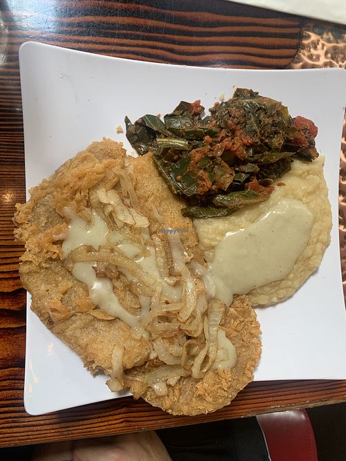 Seitan steak with mash and collard greens   at Souley Vegan in Oakland
