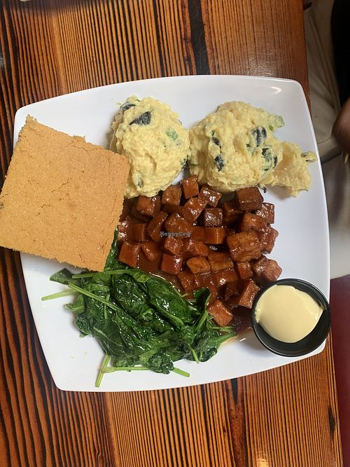 Combo plate with potato salad (amazing!), bbq tofu, spinach, and corn bread.   at Souley Vegan in Oakland