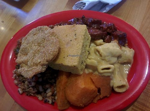 Sweet potatoes, mac& cheese. BarBQ tofu, Southern fried tofu, cornbread, black eyed peas, lentils, collards,  at Souley Vegan in Oakland