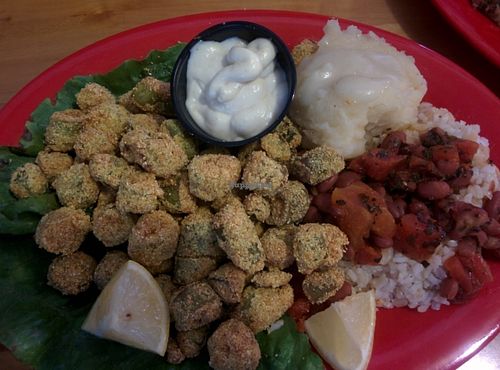 Fried okra, mashed potatoes & gravy, red beans & rice. All vegan tasty! at Souley Vegan in Oakland