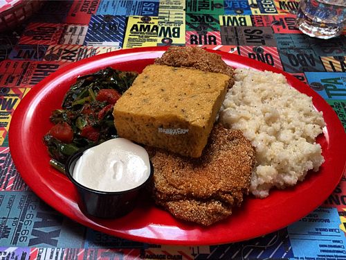 Combo Plate with Southern Fried Tofu, Grits, Collard Greens, and Cornbread at Souley Vegan in Oakland