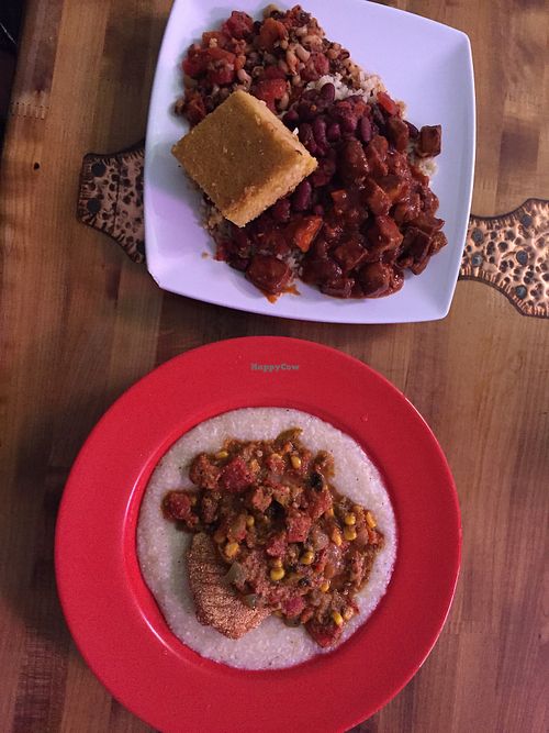Combination plate (with black eyed beans, kidney beans, BBQ tofu and cornbread) and okra with fried tofu and corn grits at Souley Vegan in Oakland