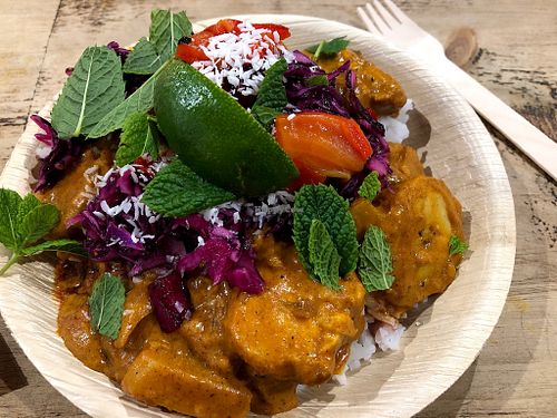 Plantain, red pepper, and coconut curry at Kanassaa in Leeds