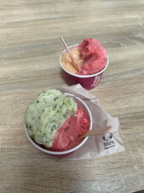 Only vegan options are sorbets, and cones are not vegan. Peche de vigne (pink), pamplemousse, and citron basilic  at Glaces Moustache in Toulouse