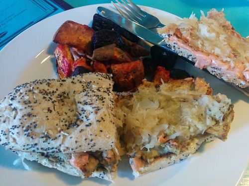 Tempeh Reuben with kraut, side of roasted sweet potatoes and beets at Counter Culture in Austin