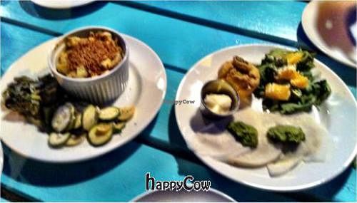 Mac n Cheeze w/ Pickled veggies & garlic greens-Raw Ravioli stuffed w/ Cashew Cheese, citrus Spinach & a Jalapeño Corn bread at Counter Culture in Austin