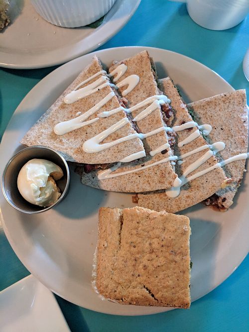 Pulled Jackfruit Quesadillas with side of jalapeno cornbread at Counter Culture in Austin