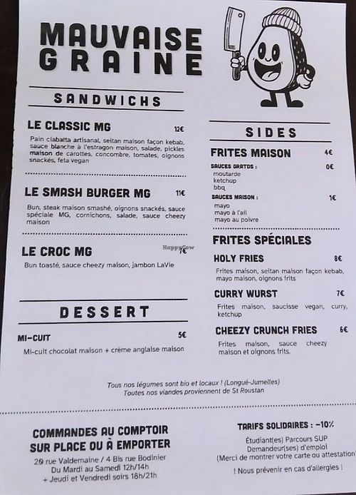 Menu  at Mauvaise Graine in Angers