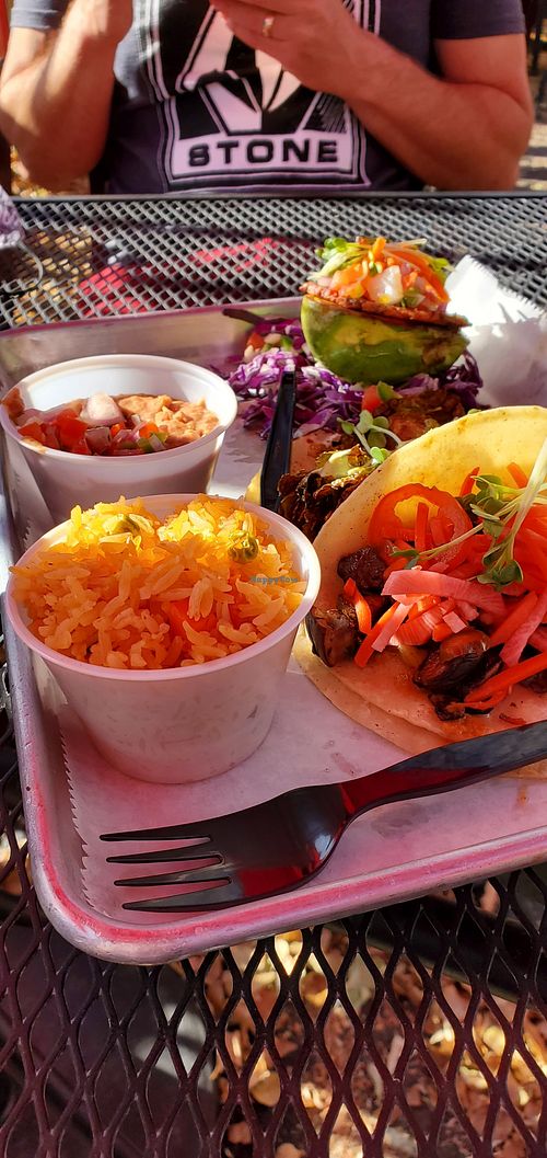 All three Vegan Tacos with Beans and Rice at Bandera 66 in Flagstaff