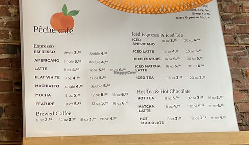 Coffee menu at Pêche Cafe in Edmonton