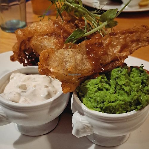 Banana blossom fish with tartar sauce and chilli crushed peas at Beck Hall in Malham