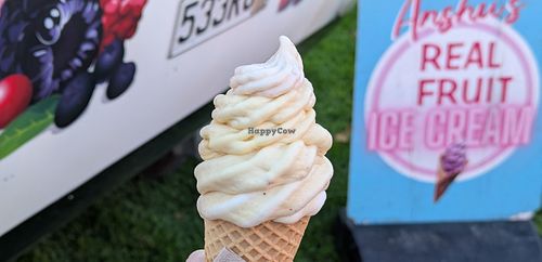 Mango soft-serve by Anshu's Real Fruit Ice Cream at Vegan Night Market in Christchurch