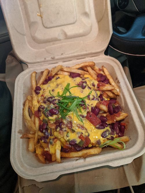 Vegan Chilli Cheese Fries to go! Huge portion. So tasty! at The Saloon Ventura in Ventura