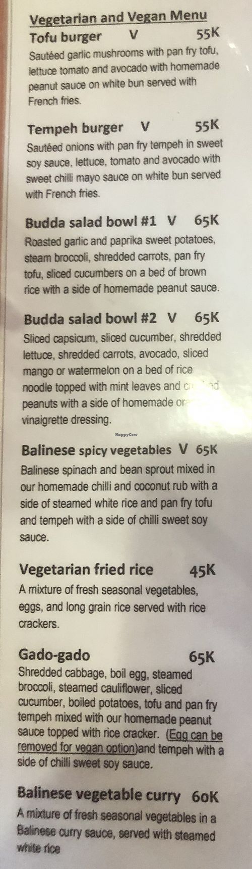 Veg menu at Garlic Lane Restaurant in Kuta