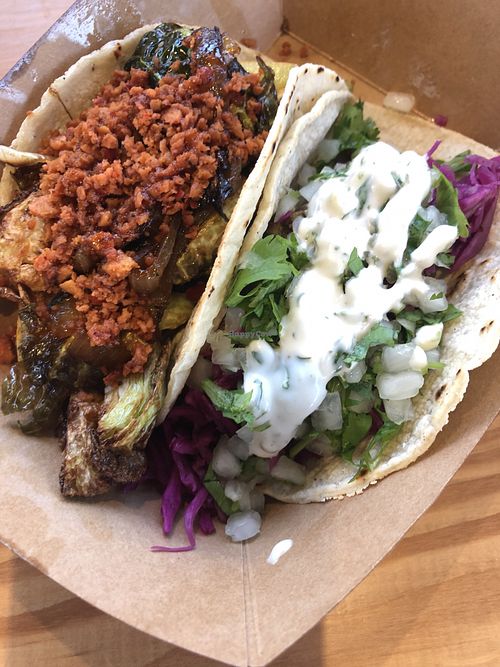 Soyrizzo with Brussels sprouts veganized and avocado taco.  at SteelCraft in Garden Grove