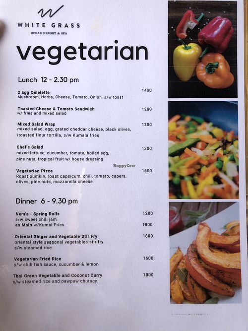 Vegetarian menu as of Sept 2019 at White Grass Ocean Resort in Lenakel