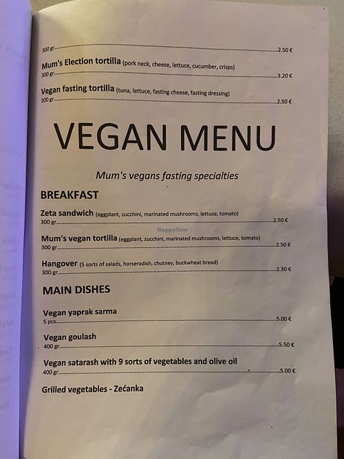 Vegan menu  at Mayka in Podgorica