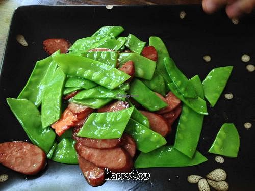 Stir fried peas with fake sausage.  The sausage looked and tasted quite real.   at TiānLóng Bǎo Yán in Xian