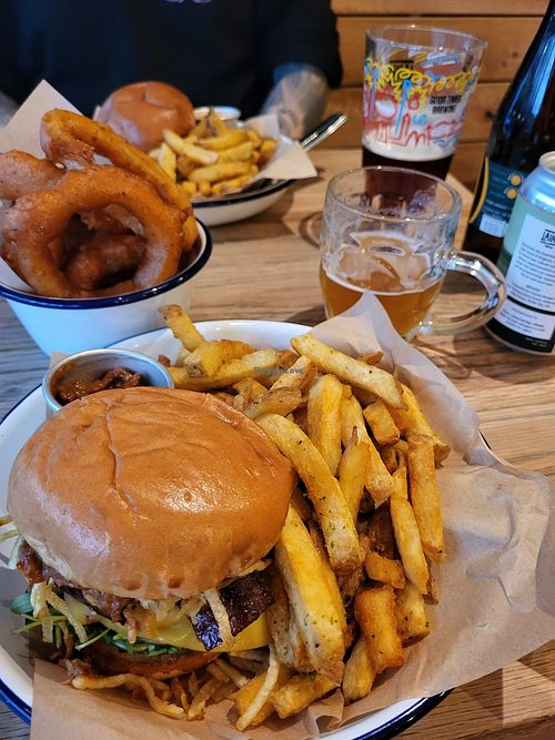 Beyond Meat burger, Ve bacon, Applewood Vegan cheese, shoestring fries, Ve bacon ketchup, chipotle Ve mayo, rocket and pickles at Honest Burgers - Soho in London