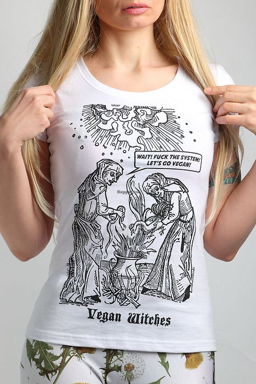 'Vegan Witches' t-shirt - based on original, anonymous, medieval print. One of the witces is saying 'Wait, fuck the system, let's go vegan!' So will you? at Punk Parrot in Warsaw
