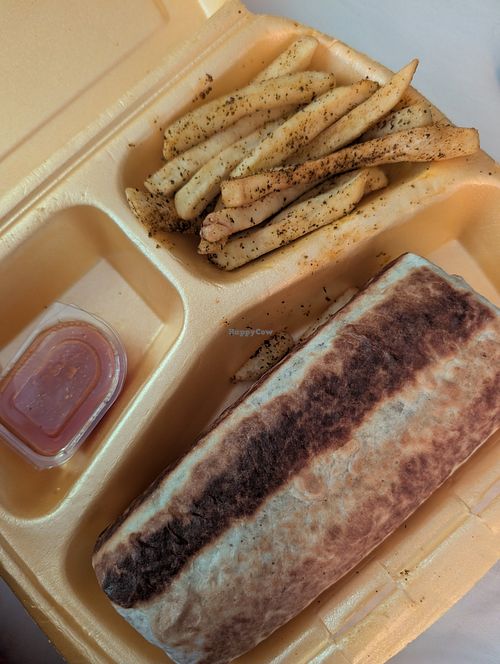 Vegan burrito and chips at Los Burros in Rabat