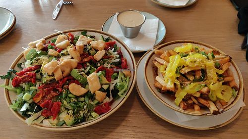 Caesar salad with crispy tofu, Dragon fries.  at Fresh on Sunset in West Hollywood